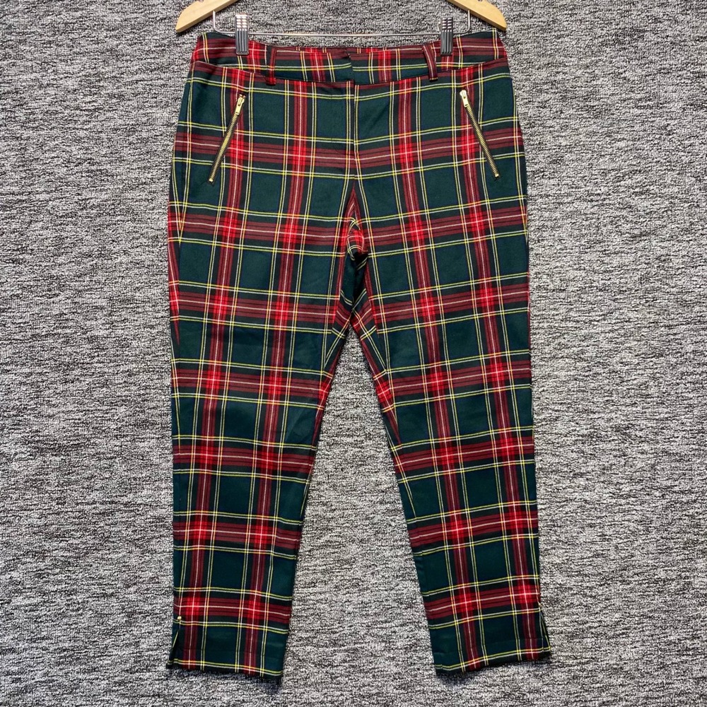 Sam Edelman Plaid Ankle Pants Women 8 Green Red Tartan Slim Fit Holiday Festive